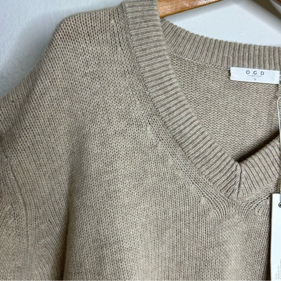 Oney Grey Day 100% Cashmere Tan Pink Crochet V - Neck Tunic Oversized Sweater