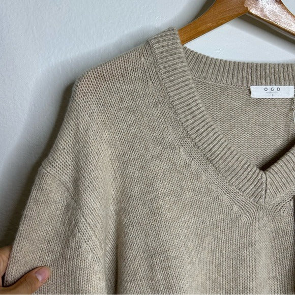 Oney Grey Day 100% Cashmere Tan Pink Crochet V - Neck Tunic Oversized Sweater