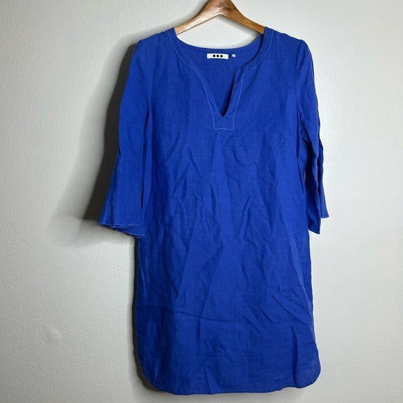 Three Dots Three Dots 100% Linen Royal Blue Short Sleeve Tunic Shift Dress - Linen
