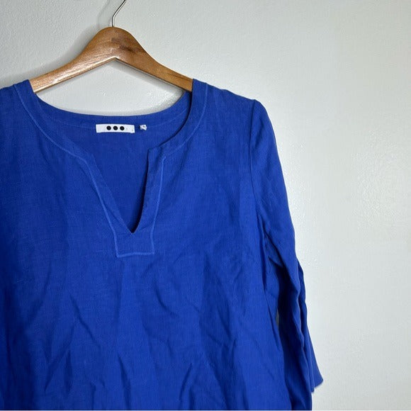 Three Dots 100% Linen Royal Blue Short Sleeve Tunic Shift Dress