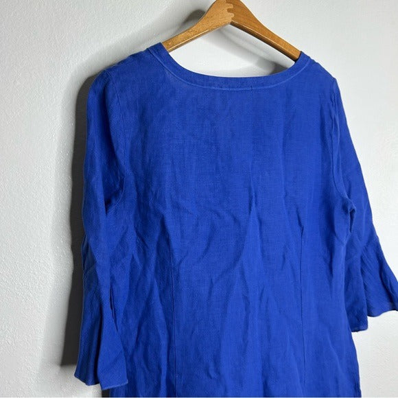 Three Dots 100% Linen Royal Blue Short Sleeve Tunic Shift Dress