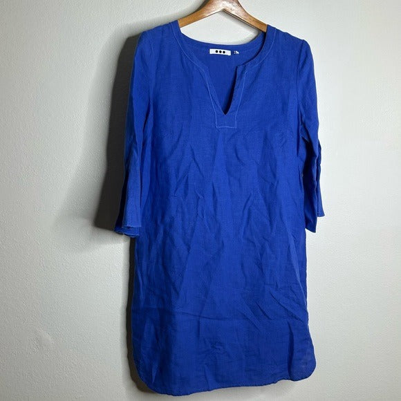 Three Dots Three Dots 100% Linen Royal Blue Short Sleeve Tunic Shift Dress - Linen