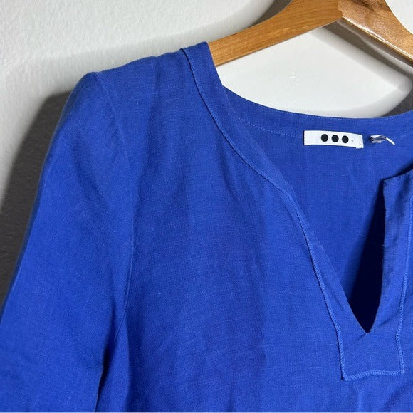 Three Dots 100% Linen Royal Blue Short Sleeve Tunic Shift Dress