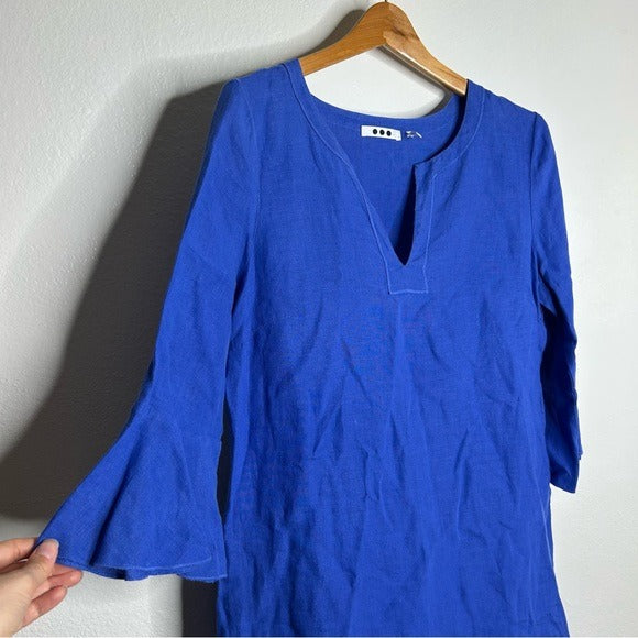Three Dots 100% Linen Royal Blue Short Sleeve Tunic Shift Dress