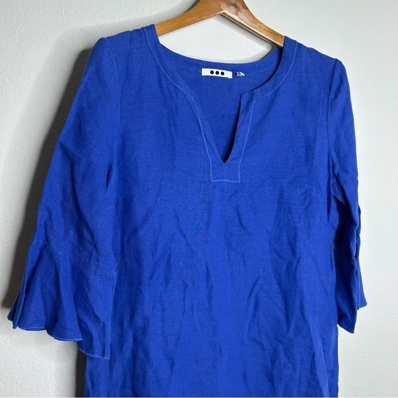 Three Dots 100% Linen Royal Blue Short Sleeve Tunic Shift Dress