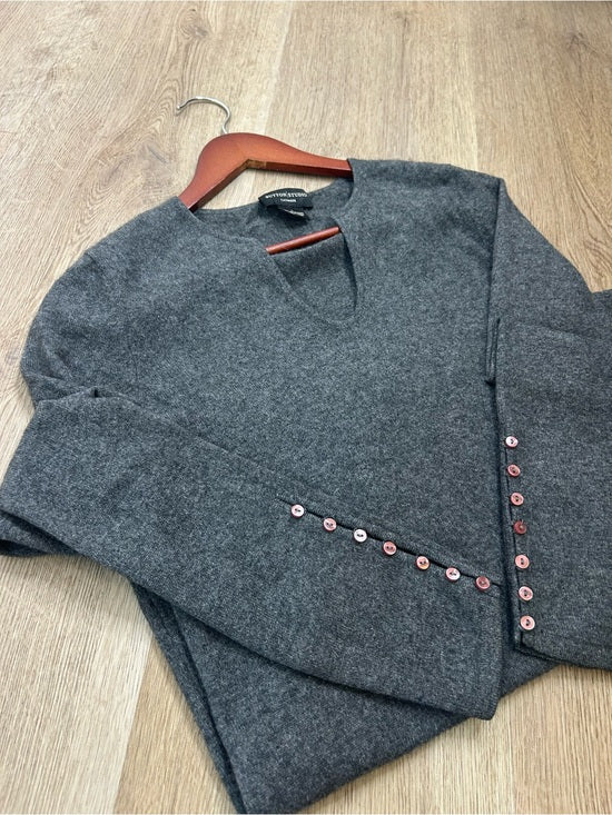 Sutton Studio 100% Cashmere Gray V - Neck Knit Tunic Sweater Button Sleeve