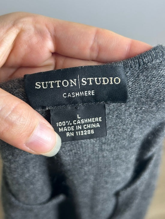 Sutton Studio 100% Cashmere Gray V - Neck Knit Tunic Sweater Button Sleeve