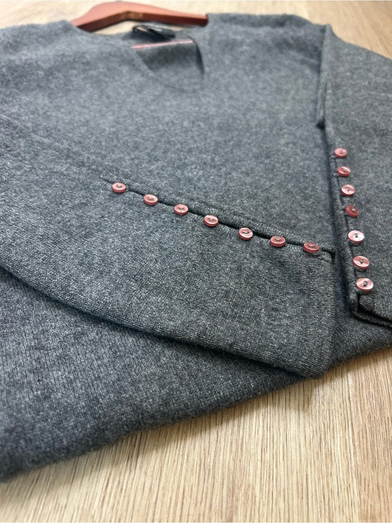 Sutton Studio 100% Cashmere Gray V - Neck Knit Tunic Sweater Button Sleeve