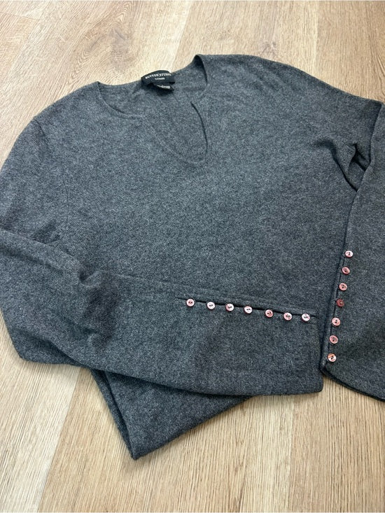 Sutton Studio 100% Cashmere Gray V - Neck Knit Tunic Sweater Button Sleeve