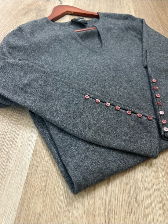 Sutton Studio 100% Cashmere Gray V - Neck Knit Tunic Sweater Button Sleeve