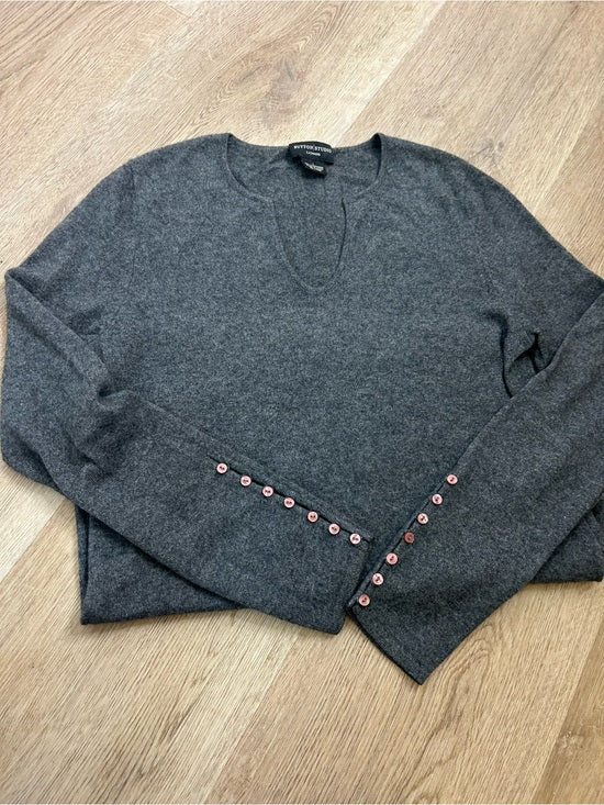 Sutton Studio 100% Cashmere Gray V - Neck Knit Tunic Sweater Button Sleeve