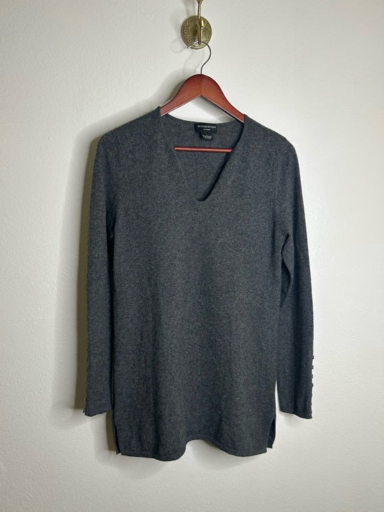 Sutton Studio 100% Cashmere Gray V - Neck Knit Tunic Sweater Button Sleeve