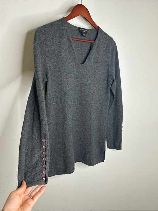 Sutton Studio 100% Cashmere Gray V - Neck Knit Tunic Sweater Button Sleeve