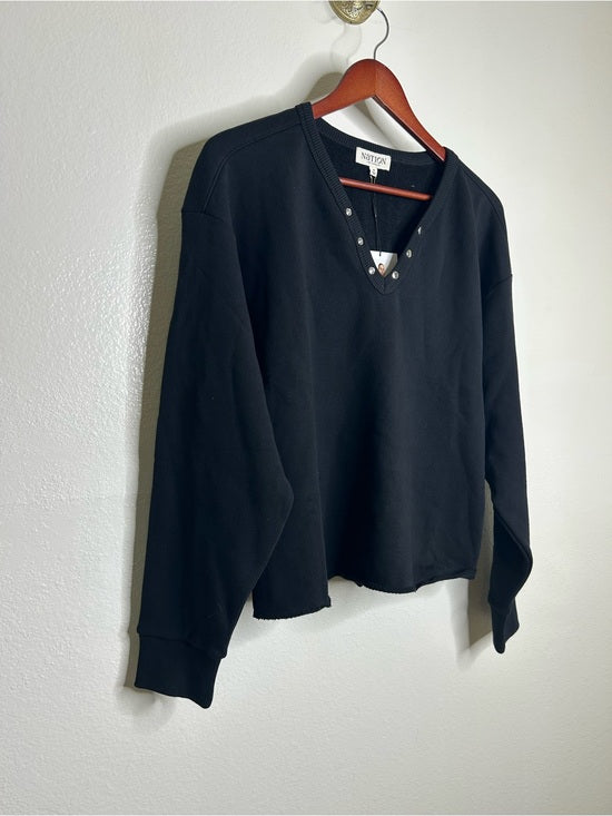 Nation LTD Nation LA 100% Cotton Terry Black V - Neck Silver Button Tommie Sweatshirt - Cotton, Terrycloth