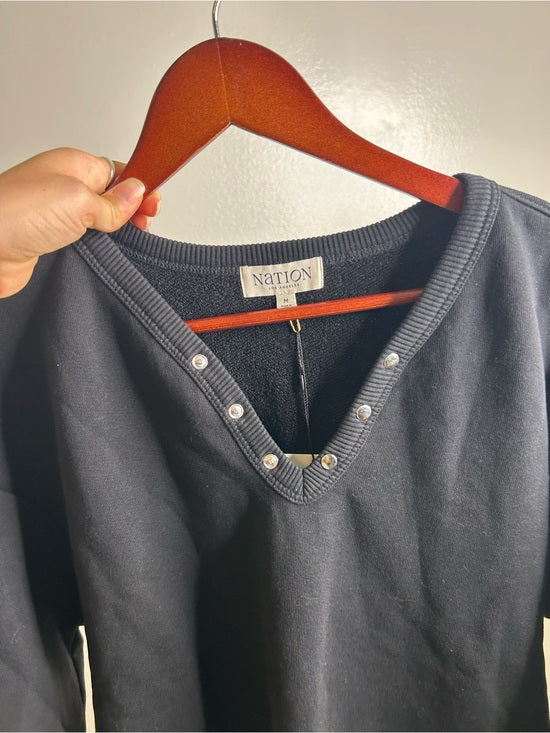 Nation LA 100% Cotton Terry Black V - Neck Silver Button Tommie Sweatshirt