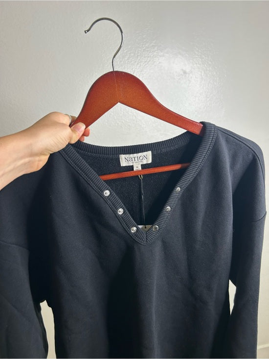 Nation LA 100% Cotton Terry Black V - Neck Silver Button Tommie Sweatshirt