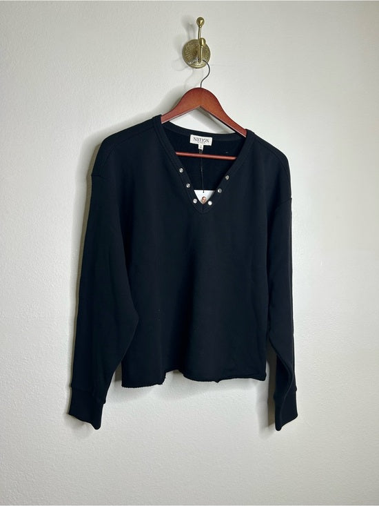 Nation LTD Nation LA 100% Cotton Terry Black V - Neck Silver Button Tommie Sweatshirt - Cotton, Terrycloth