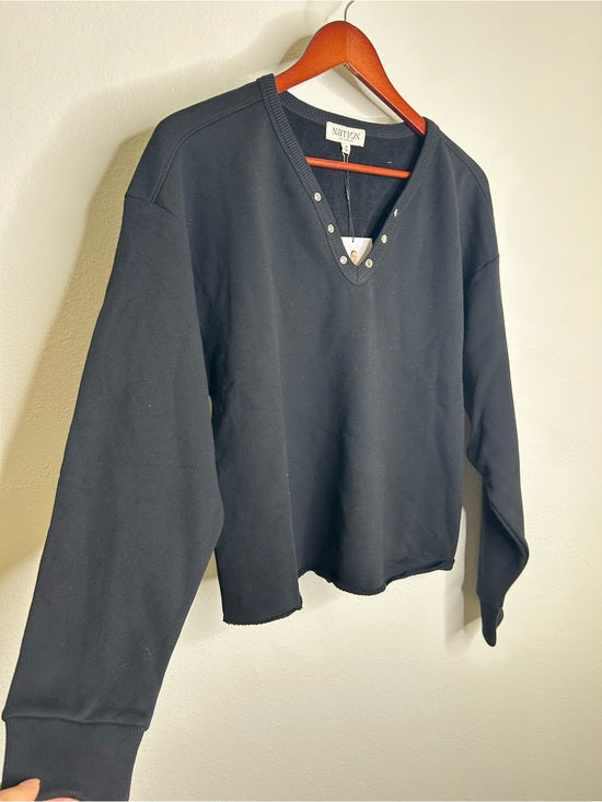 Nation LA 100% Cotton Terry Black V - Neck Silver Button Tommie Sweatshirt
