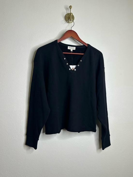 Nation LTD Nation LA 100% Cotton Terry Black V - Neck Silver Button Tommie Sweatshirt - Cotton, Terrycloth