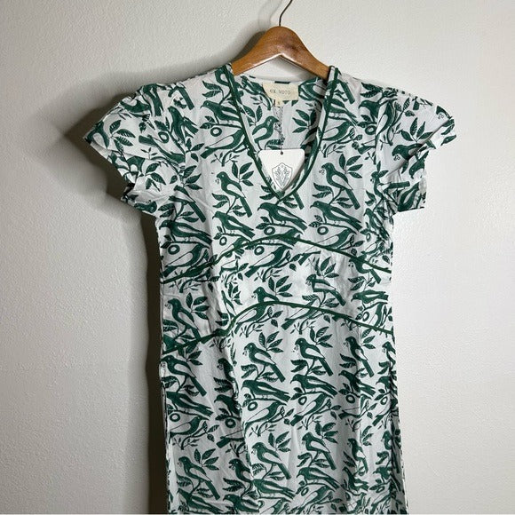 Ex Voto Ex Voto 100% Cotton White Green Bird Block Printed Maxi Dress - Cotton
