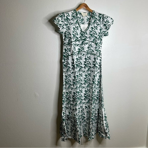 Ex Voto Ex Voto 100% Cotton White Green Bird Block Printed Maxi Dress - Cotton