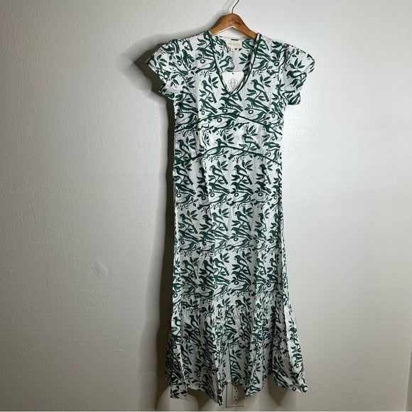 Ex Voto Ex Voto 100% Cotton White Green Bird Block Printed Maxi Dress - Cotton