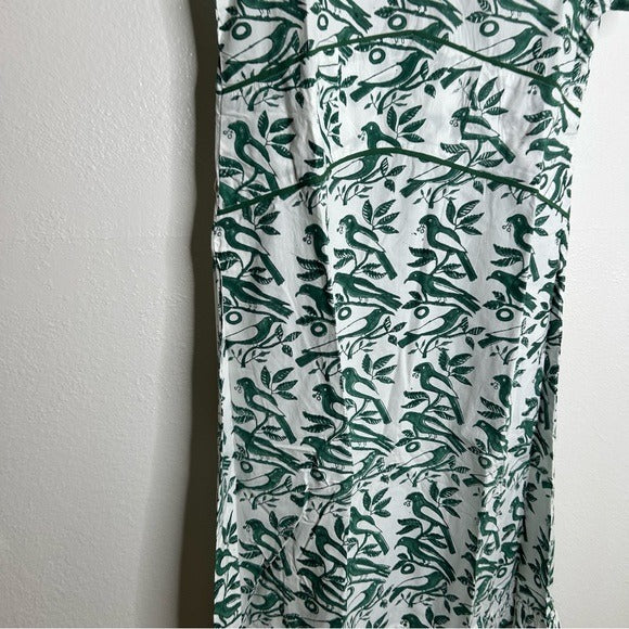 Ex Voto Ex Voto 100% Cotton White Green Bird Block Printed Maxi Dress - Cotton