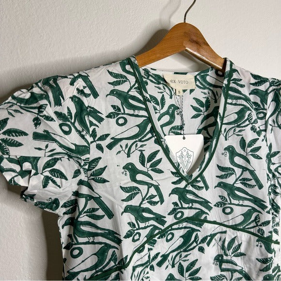 Ex Voto Ex Voto 100% Cotton White Green Bird Block Printed Maxi Dress - Cotton