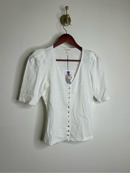 Nation LA 100% Cotton Jen Gold Button Down Puff Sleeve Top in White