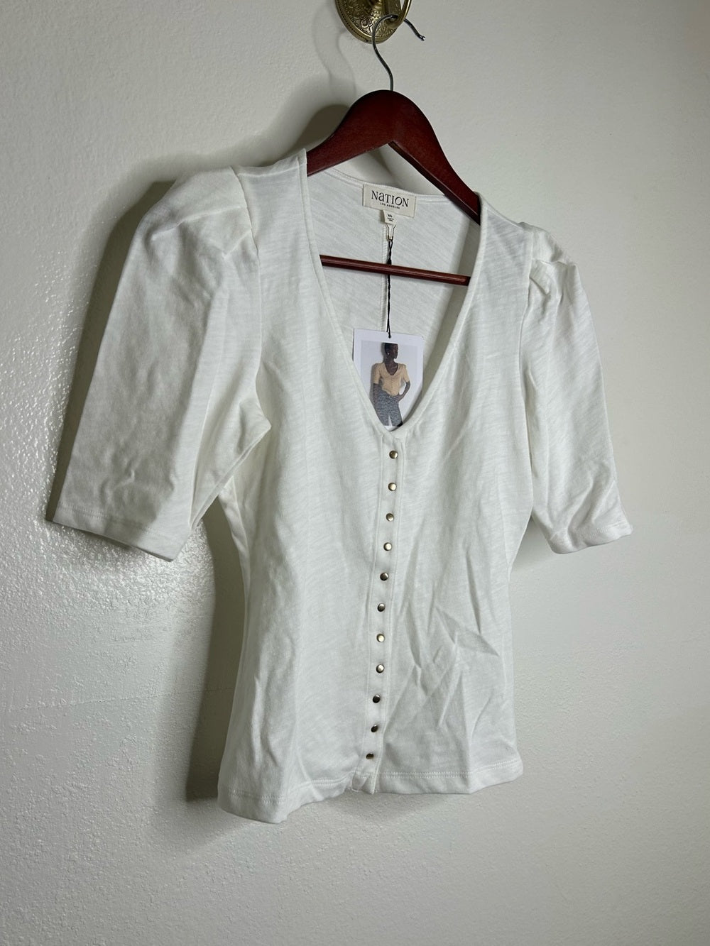 Nation LA 100% Cotton Jen Gold Button Down Puff Sleeve Top in White