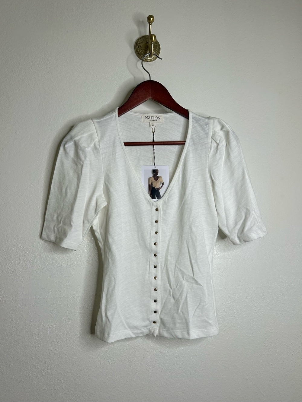 Nation LA 100% Cotton Jen Gold Button Down Puff Sleeve Top in White