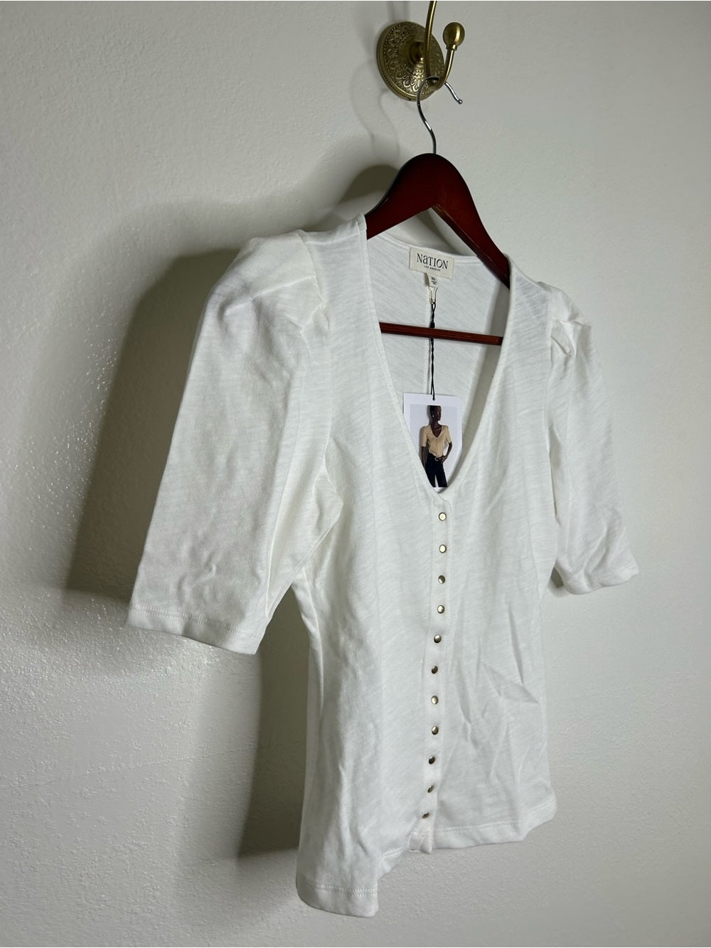 Nation LA 100% Cotton Jen Gold Button Down Puff Sleeve Top in White