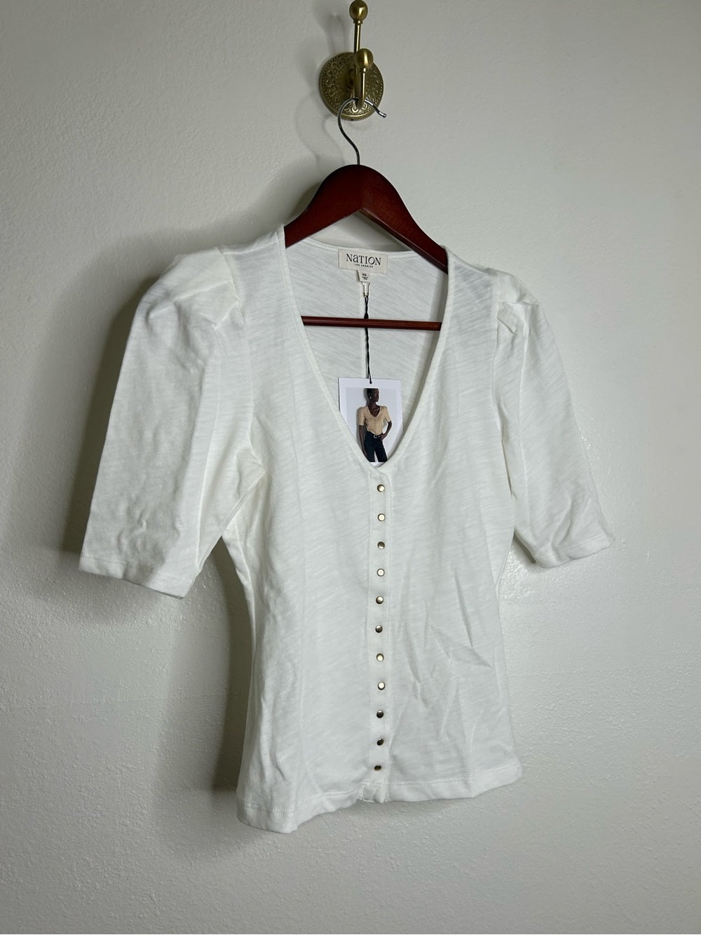 Nation LA 100% Cotton Jen Gold Button Down Puff Sleeve Top in White