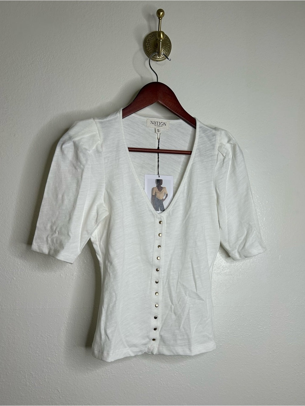 Nation LA 100% Cotton Jen Gold Button Down Puff Sleeve Top in White
