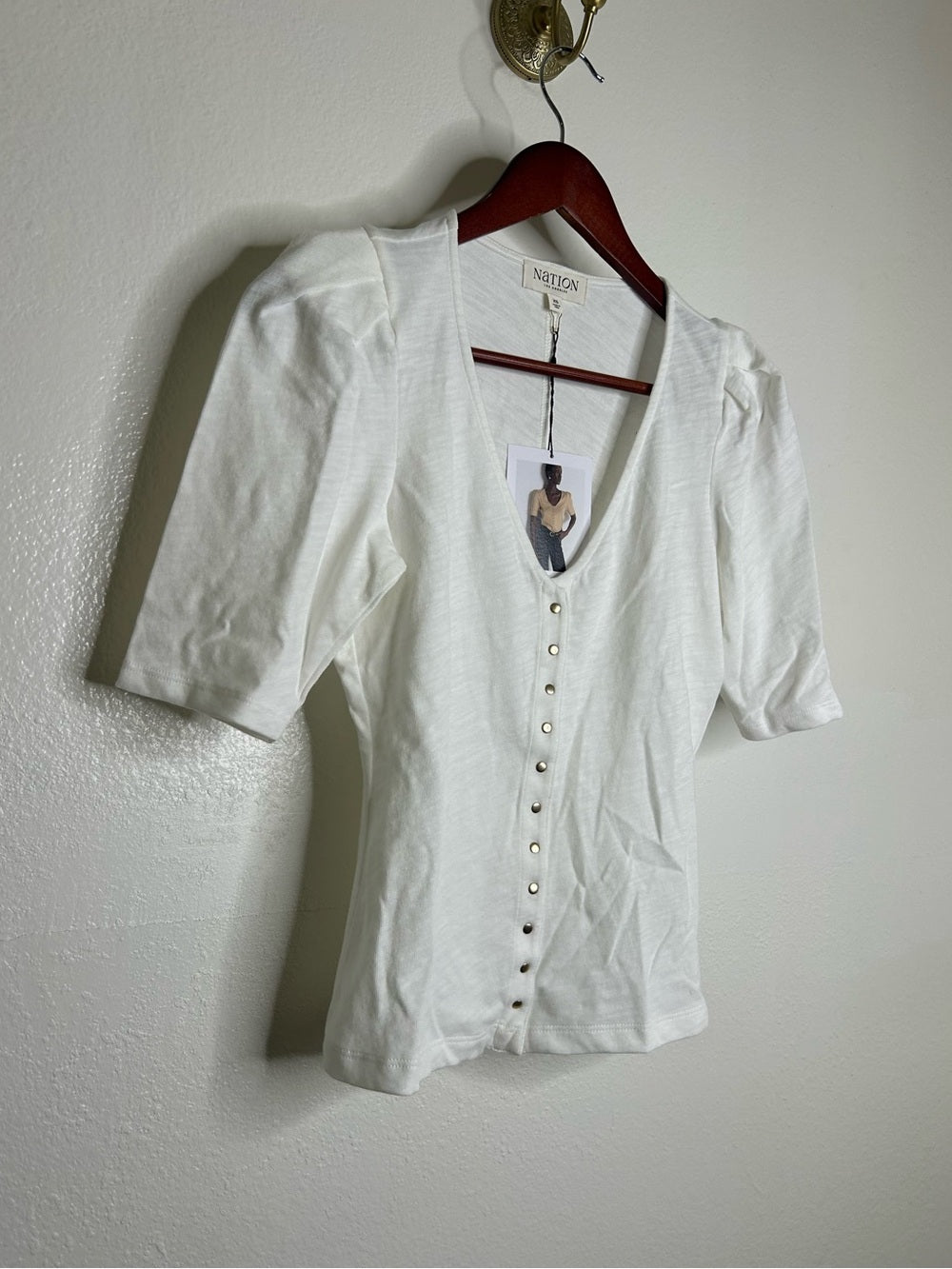 Nation LA 100% Cotton Jen Gold Button Down Puff Sleeve Top in White