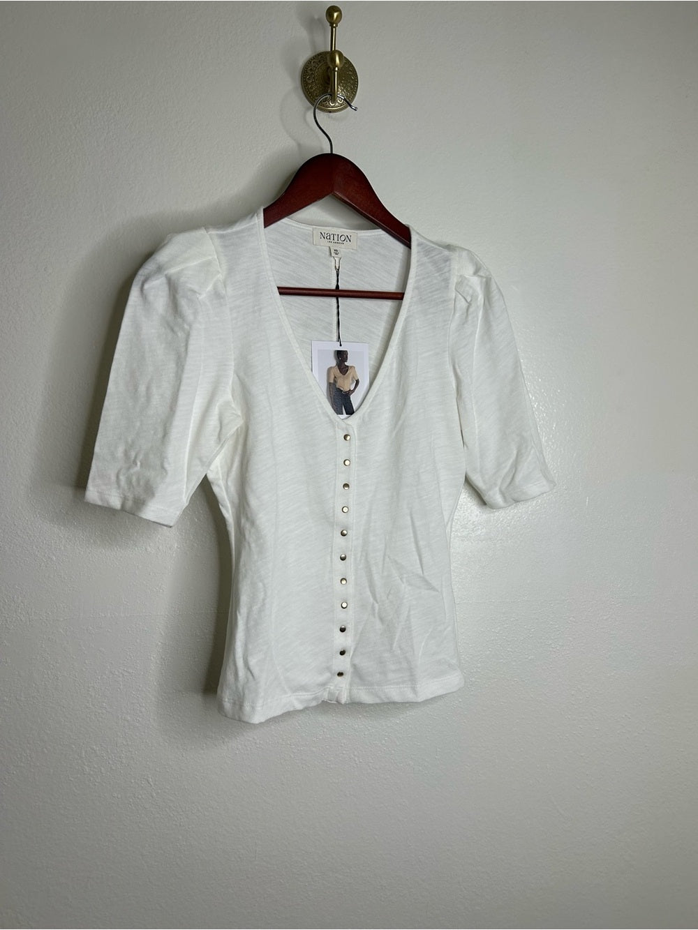 Nation LA 100% Cotton Jen Gold Button Down Puff Sleeve Top in White