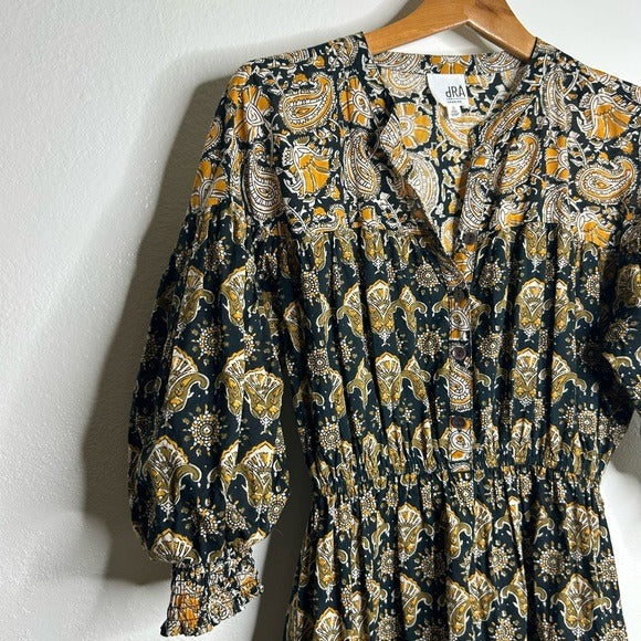 Anthropologie DRA 100% Cotton Ruched Sleeve Neutral Fit and Flare Mini Dress