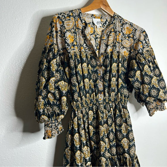 Anthropologie DRA 100% Cotton Ruched Sleeve Neutral Fit and Flare Mini Dress