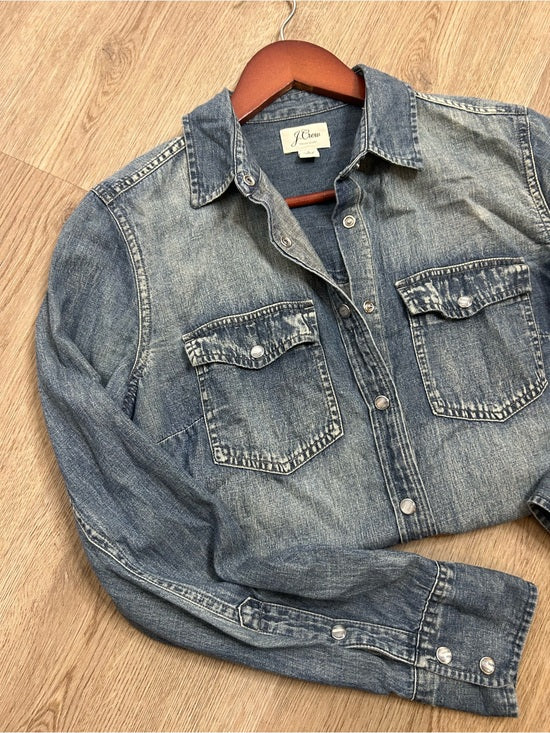 J. Crew 100% Cotton Denim Pearl Snap Button Down Collared Long Sleeve Top