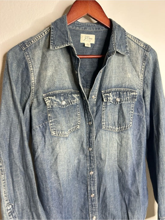 J. Crew 100% Cotton Denim Pearl Snap Button Down Collared Long Sleeve Top