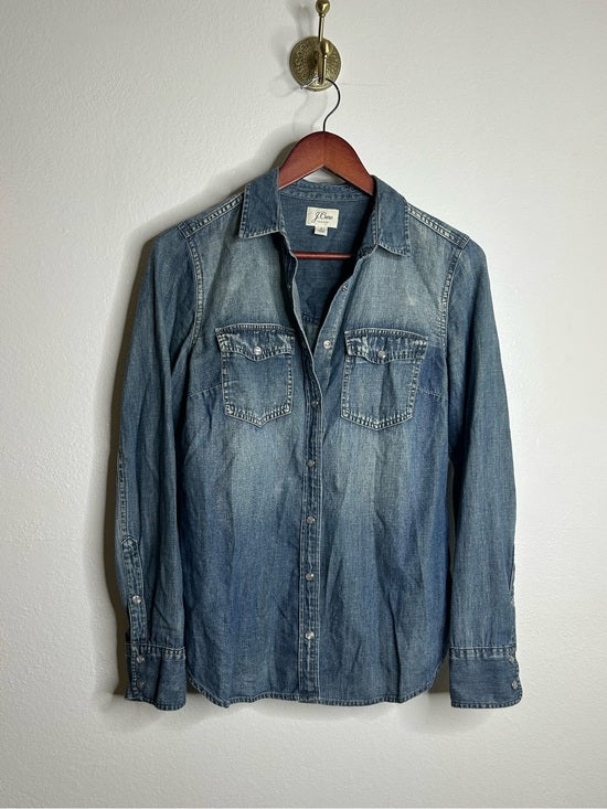 J. Crew 100% Cotton Denim Pearl Snap Button Down Collared Long Sleeve Top