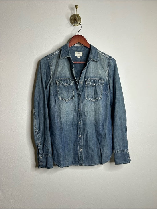 J. Crew 100% Cotton Denim Pearl Snap Button Down Collared Long Sleeve Top