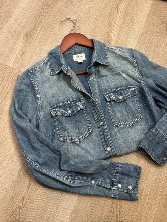 J. Crew 100% Cotton Denim Pearl Snap Button Down Collared Long Sleeve Top