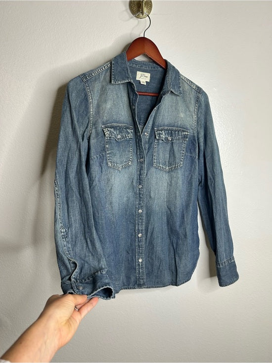 J. Crew 100% Cotton Denim Pearl Snap Button Down Collared Long Sleeve Top