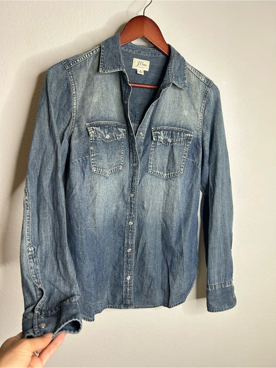 J. Crew 100% Cotton Denim Pearl Snap Button Down Collared Long Sleeve Top