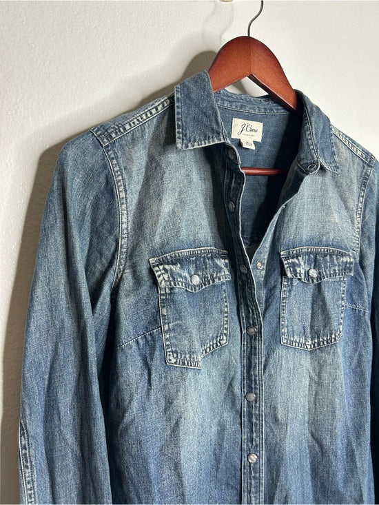 J. Crew 100% Cotton Denim Pearl Snap Button Down Collared Long Sleeve Top