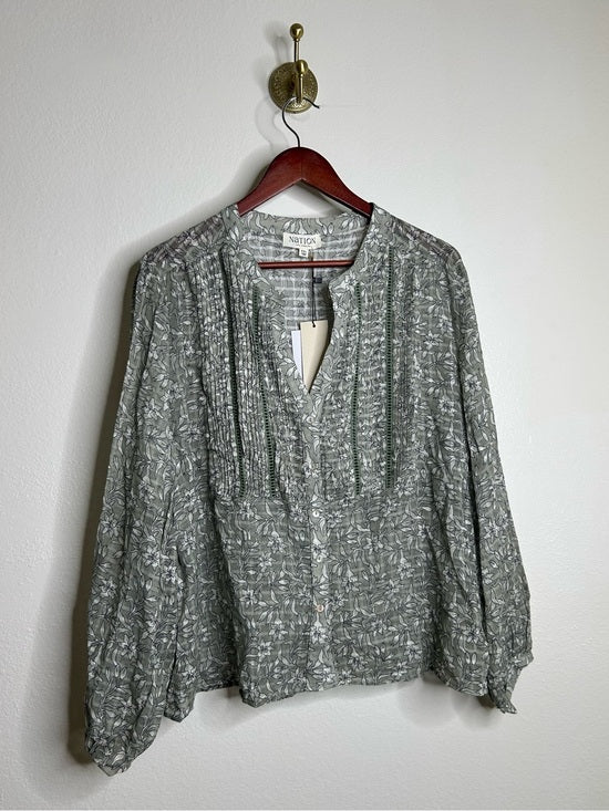 Nation LTD Nation LA 100% Cotton Floral Sage Green Button Down Lightweight Blouse - Cotton