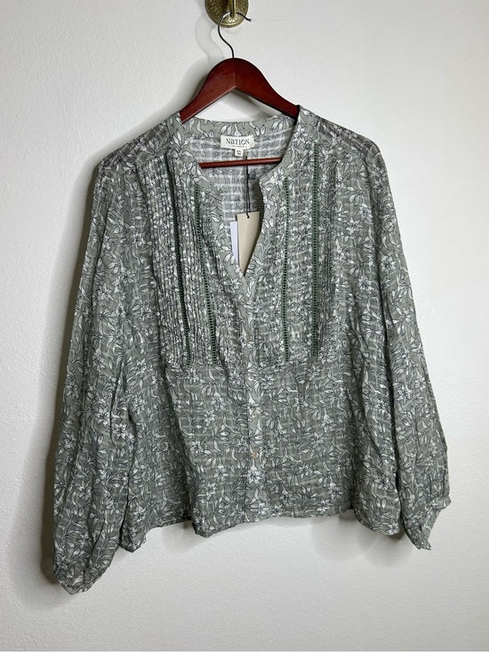 Nation LTD Nation LA 100% Cotton Floral Sage Green Button Down Lightweight Blouse - Cotton