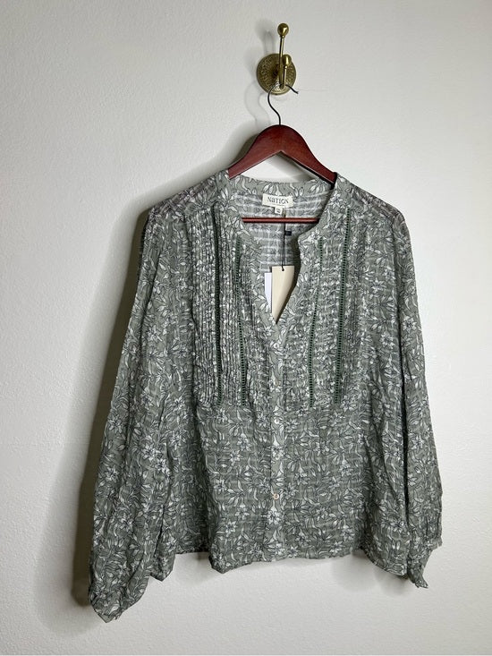 Nation LTD Nation LA 100% Cotton Floral Sage Green Button Down Lightweight Blouse - Cotton