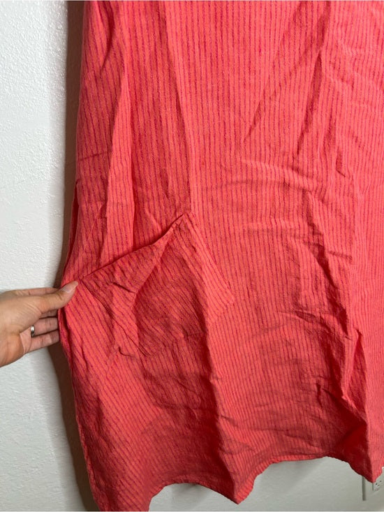 FLAX 100% Linen Coral Striped Scoop Neck Loose Fit Midi Dress